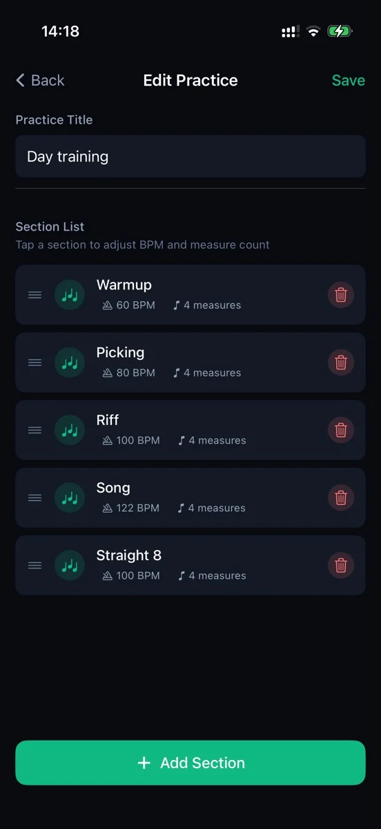 Practice editor with BPM and measure sections